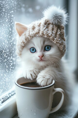Cozy winter vibes with fluffy cat and warm drink by the window