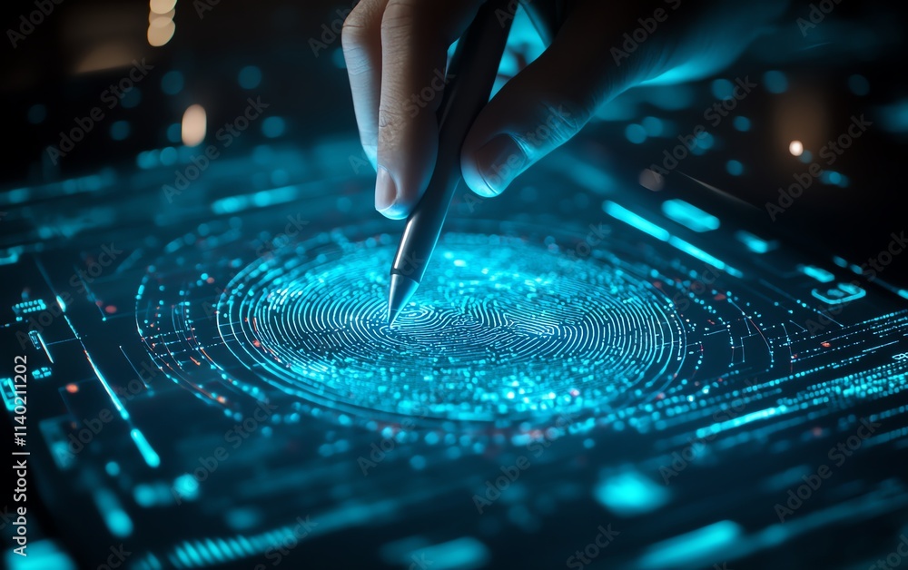 Poster a closeup of a person using a stylus on a digital touchscreen displaying biometric data