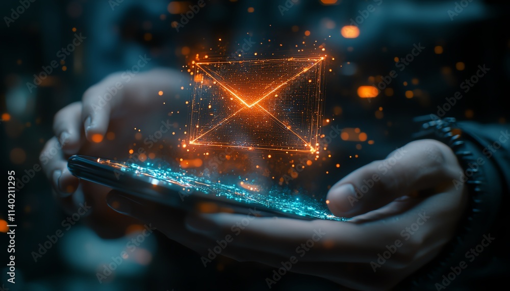 Poster a closeup of a person using a smartphone to send an email, with a glowing envelope icon above the sc