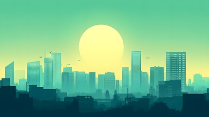 Green city with sustainable energy, a flat vector illustration on a green background.