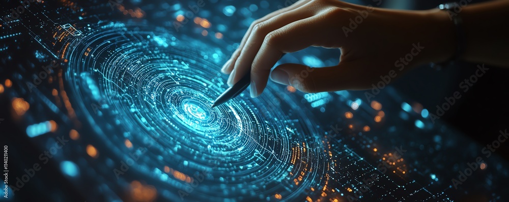 Poster a closeup of a person with a stylus interacting with a biometric data visualization on a futuristic 