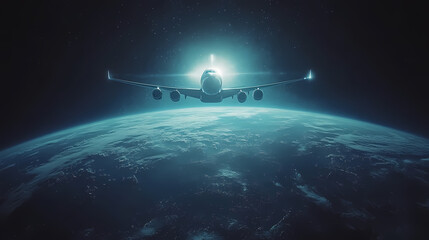 Fototapeta premium In the sky, an airplane is flying over the earth.