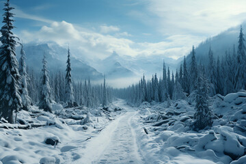 beautiful winter landscape with pine trees and road,. 