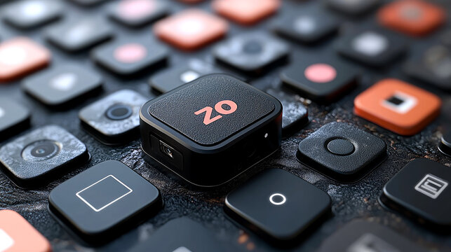 Close-up of a small black cube with "Z0" on it, surrounded by many other smaller buttons.