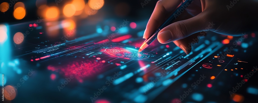 Poster a futuristic touchscreen display with biometric data visualized as a person uses a stylus, showcasin