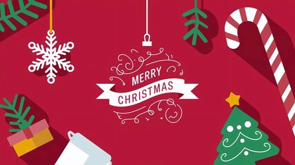 Christmas greeting card design with holiday decoration on red background; flat lay ornament; Xmas season banner or greeting card
