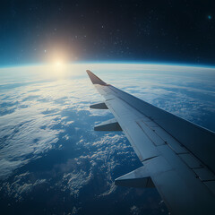 Obraz premium In the sky, an airplane is flying over the earth.