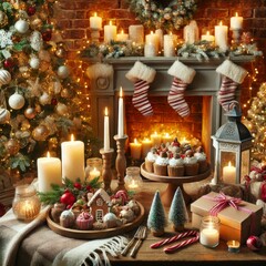 Charming Christmas tabletop display with candles, trees, and festive treats near cozy fireplace