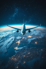 Fototapeta premium In the sky, an airplane is flying over the earth.
