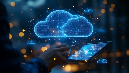 A person in a modern workspace using a smartphone and laptop, with cloud data icons showing secure cloud storage, illustrating technology in daily life, vibrant and detailed, 8K