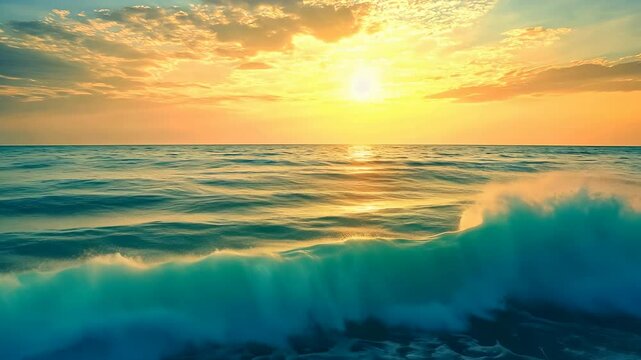 This depiction of sunrise over the ocean showcases the interplay of light and water, ideal for themes related to nature's beauty, maritime travel, or peaceful environments.