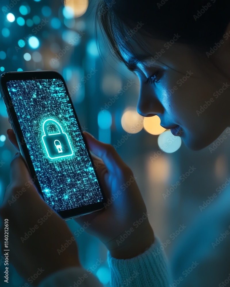 Aufkleber a person interacting with a smartphone displaying a digital lock icon, symbolizing mobile device sec