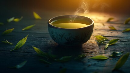 10.Artistic close-up of a steaming cup of green tea placed on a dark wooden surface, with vibrant tea leaves arranged around it; warm light casts a soft glow, enhancing the fresh, rich colors of the