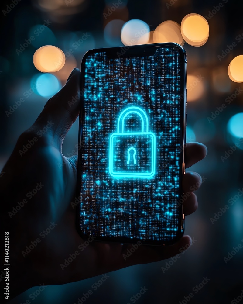Aufkleber a person interacting with a smartphone displaying a digital lock icon, symbolizing mobile device sec