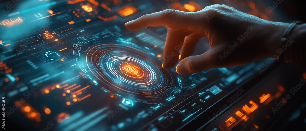 Poster a person interacting with a futuristic touchscreen display using a stylus, featuring dynamic biometr