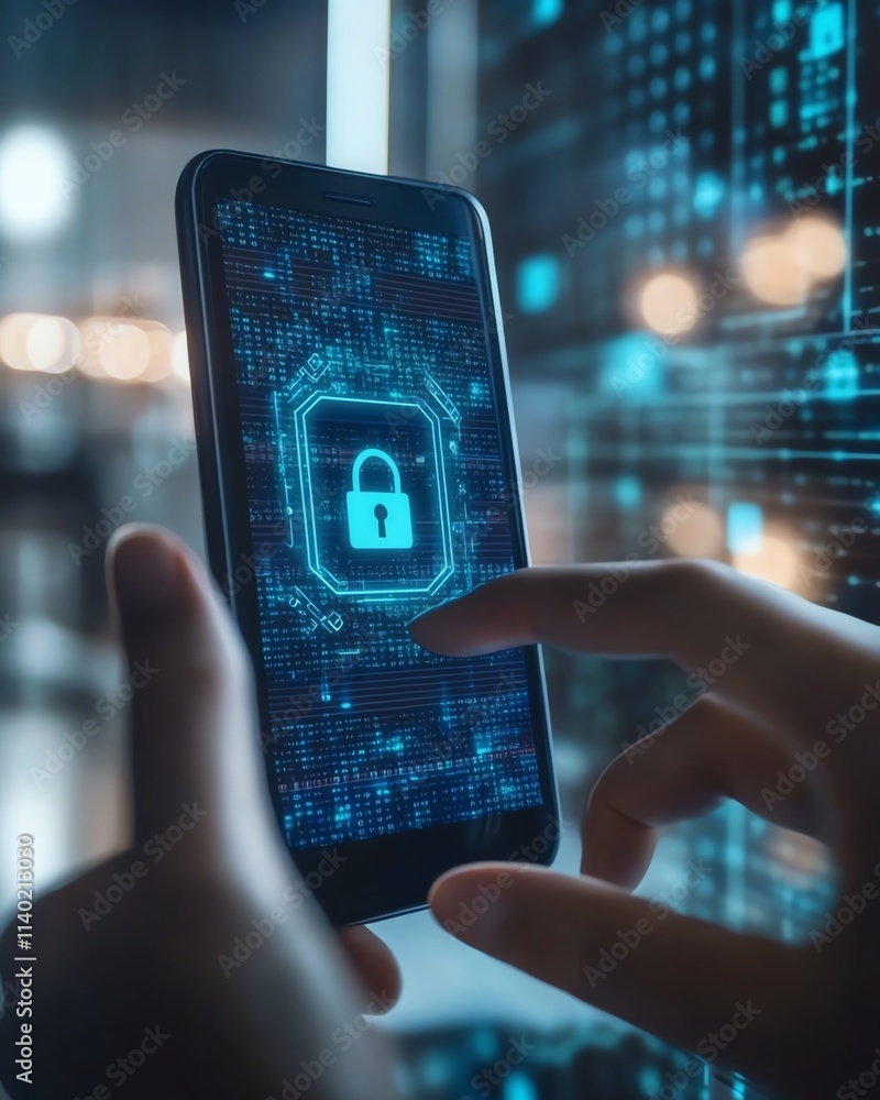 Aufkleber a person interacting with a smartphone displaying a digital lock icon, symbolizing mobile device sec