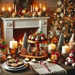 Charming Christmas tabletop display with candles, trees, and festive treats near cozy fireplace