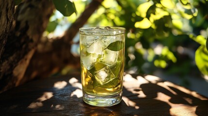 37.A tall glass of cold green tea with ice cubes, set on a rustic table beneath the shade of a tree; soft natural light dapples across the glass, evoking the peaceful ambiance of a summer day.