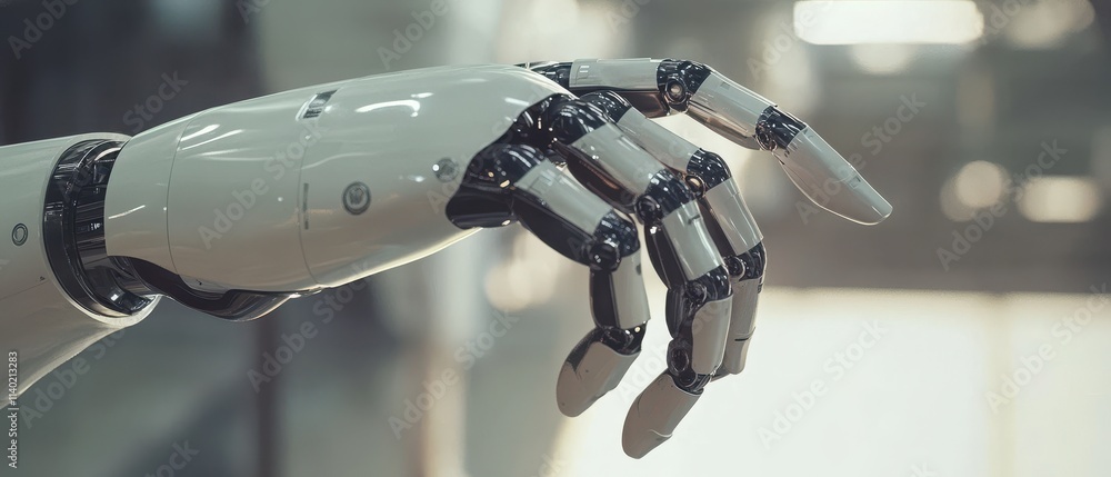 Poster a detailed robotic hand is positioned gracefully, showcasing its intricate design and advanced mecha