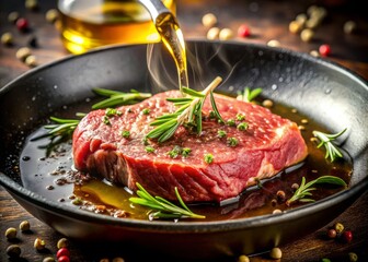 Sizzling Top Sirloin Steak: Eye-Level Close-Up of Marbled Beef Cooking in Olive Oil