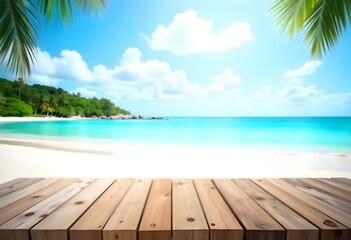 Fototapeta premium Wooden dock overlooking a tropical beach with turquoise water and palm trees in the background