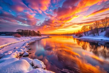Snowy River Sunset: Wide-Angle Panorama of Winter Wonderland