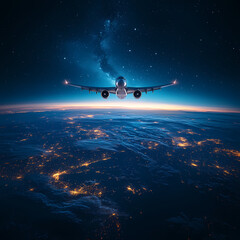 Naklejka premium In the sky, an airplane is flying over the earth.