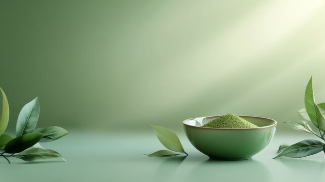 69.Matcha tea banner template with a minimalist layout; vibrant green matcha powder in a ceramic bowl, surrounded by fresh leaves on a soft green gradient background, ideal for an inviting, organic