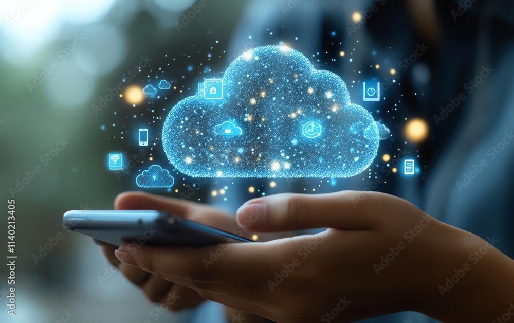 Poster a person multitasking with a smartphone and laptop, digital security icons displaying cloud data pro