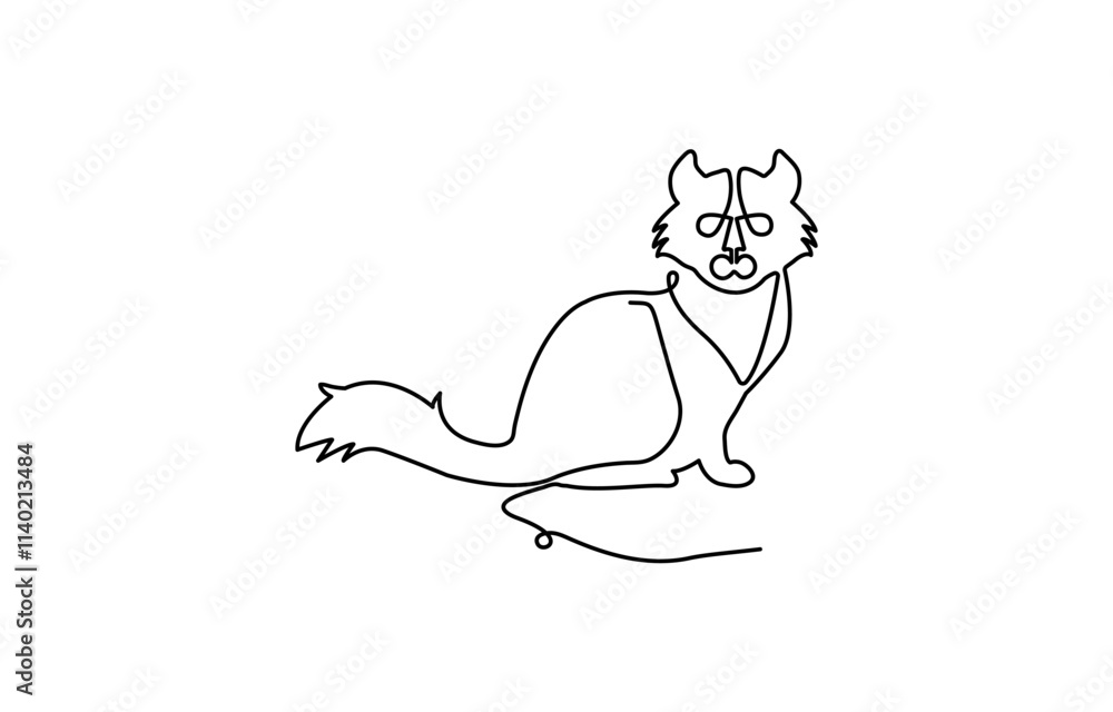 Poster continuous one single line of cute cat lying on the floor isolated on white background, sleeping cat