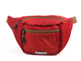 Bright sports burgundy waist bag on a white background.
