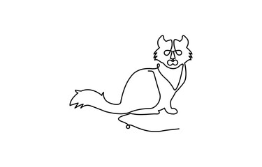 Continuous one single line of cute cat lying on the floor isolated on white background, Sleeping Cat in continuous one line art style. Cat with curled tail.