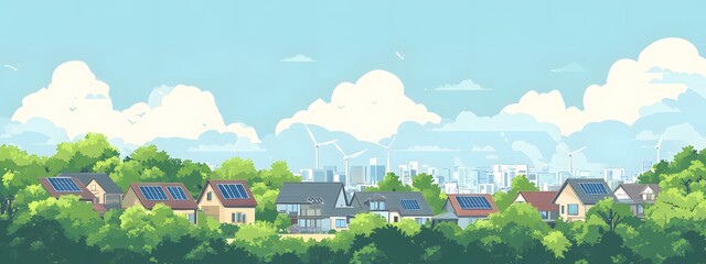 Green city with sustainable energy, a flat vector illustration on a green background.