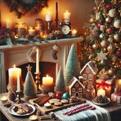 Charming Christmas tabletop display with candles, trees, and festive treats near cozy fireplace