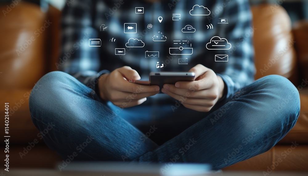 Poster a person using a smartphone and laptop to access cloud storage, digital icons for cloud data visible