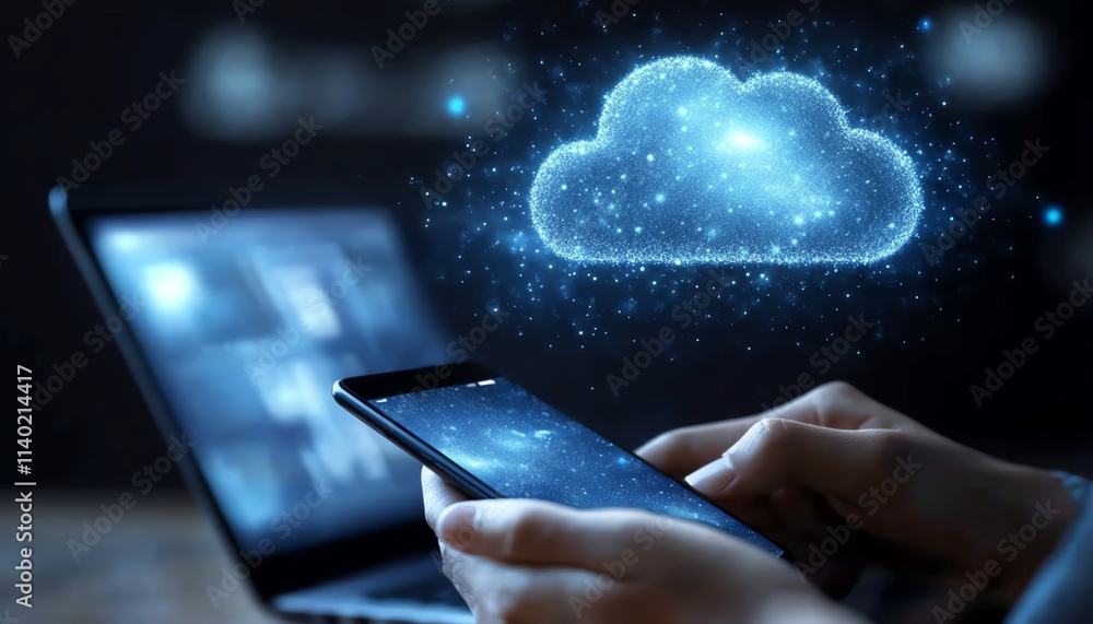 Poster a person using a smartphone and laptop, with cloud data and storage icons displayed on the screen, s
