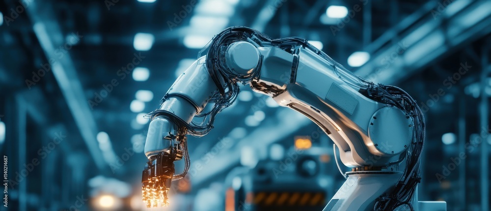 Poster a robotic arm is positioned in a modern manufacturing facility, showcasing its precise movements whi