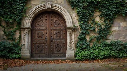 Fototapeta premium Rustic Wooden Door with Ornate Carvings and Ivy 