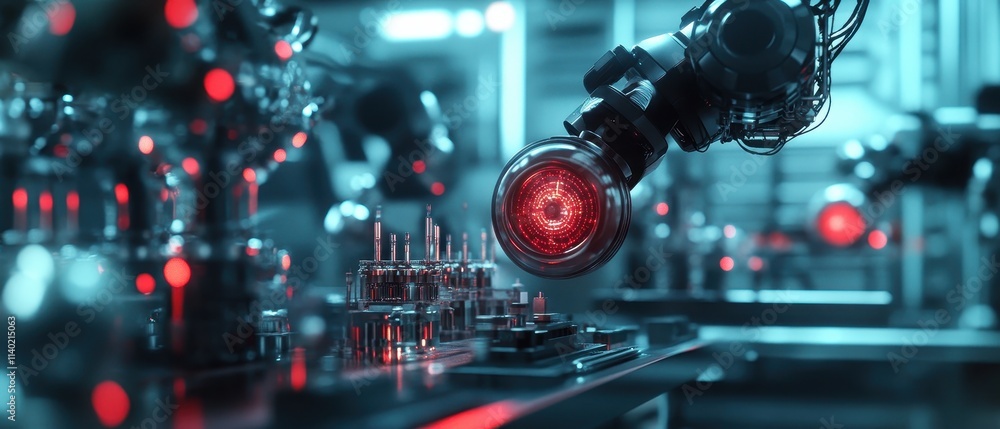 Poster a robotic arm equipped with a red light engages with intricate electronic components in a dimly lit,