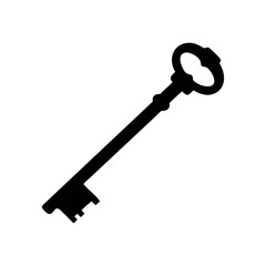 Ornate antique key graphic design, Old key vector house icon logo. Old key silhouette antique lock illustration.