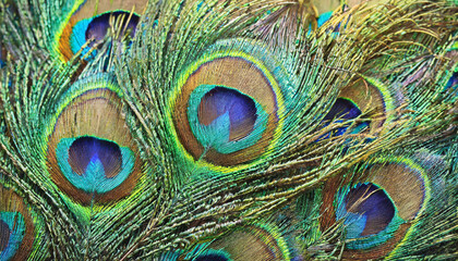 Obraz premium Beautiful peacock feather background wallpaper with green, blue and brown colors
