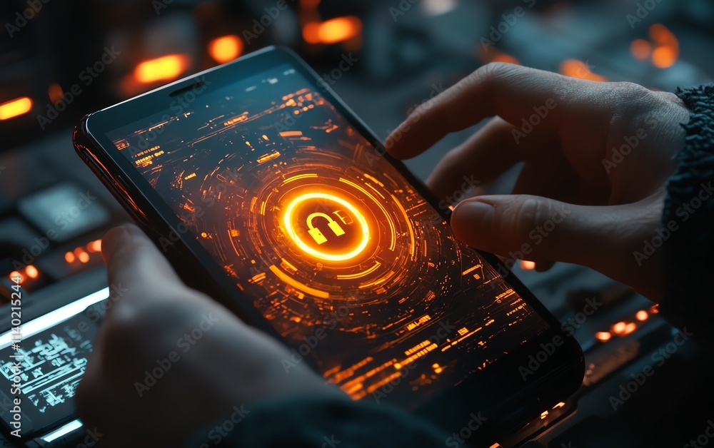 Poster a person using a smartphone with a glowing digital padlock icon on the screen, symbolizing cybersecu