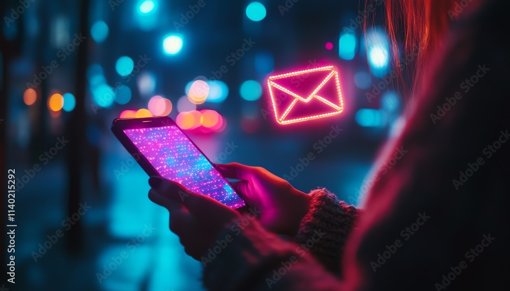 Aufkleber a person using a smartphone with a glowing envelope icon floating above, sending an email, showcasin