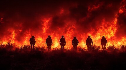Fototapeta premium Firestorm Raging Across Battlefield with Silhouetted Soldiers Amid Destructive Chaos of War