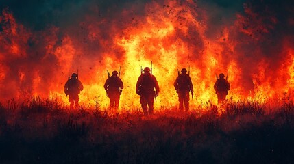 Fototapeta premium Firestorm Raging Across a Battlefield with Silhouetted Soldiers Symbolizing the Destructive Power of War and Chaos