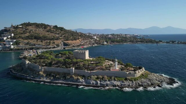 Kusadasi Pigeon Island historical castle G&uuml;vercinada  Kuşadası aerial v3