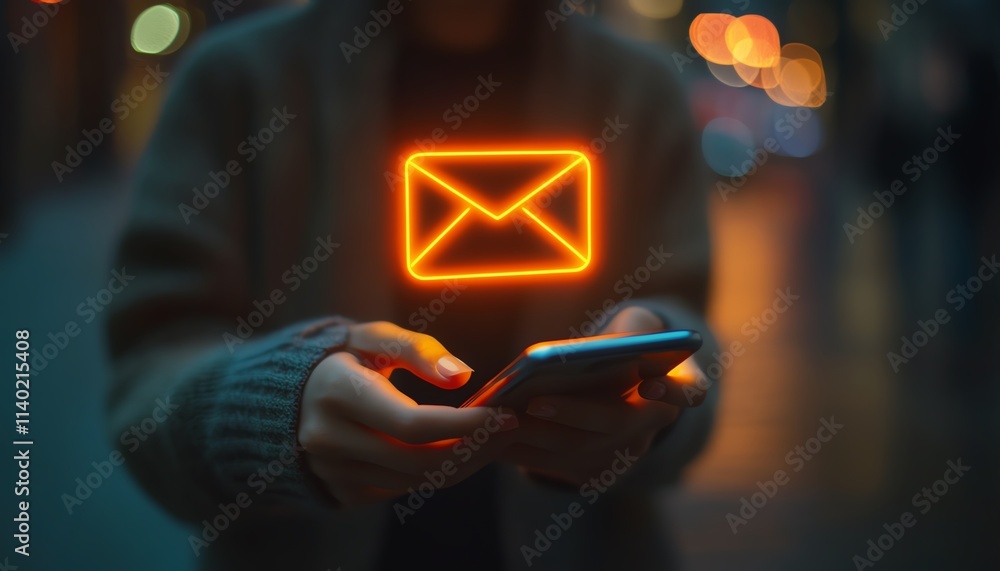 Poster a person using a smartphone with a glowing envelope icon floating above, sending an email, showcasin