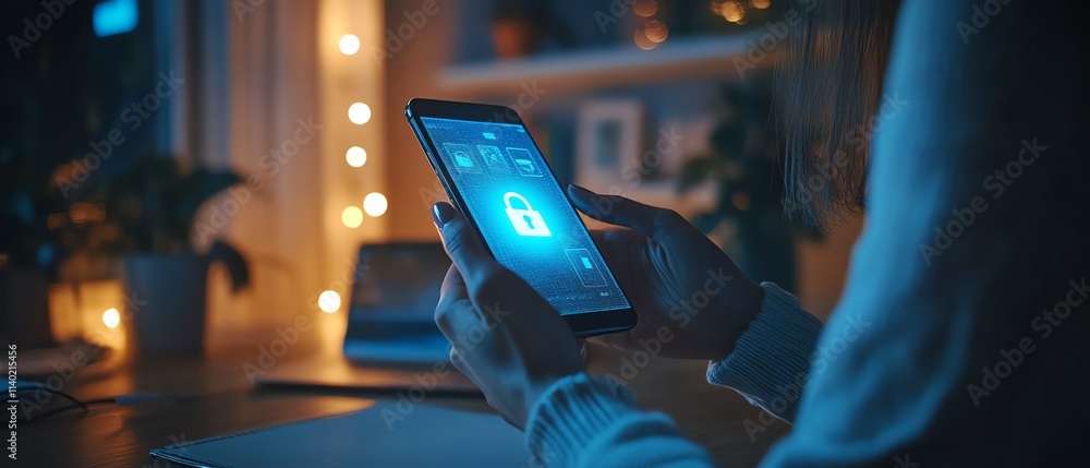 Poster a person using a smartphone with a glowing digital padlock icon on the screen, symbolizing cybersecu