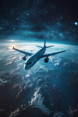 Fototapeta premium In the sky, an airplane is flying over the earth.