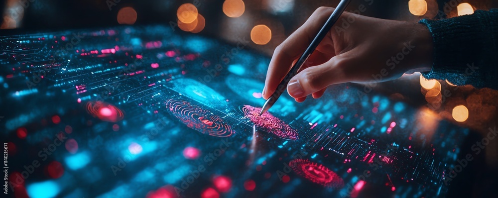 Poster a person using a stylus to interact with a biometric data visualization on a futuristic touchscreen,